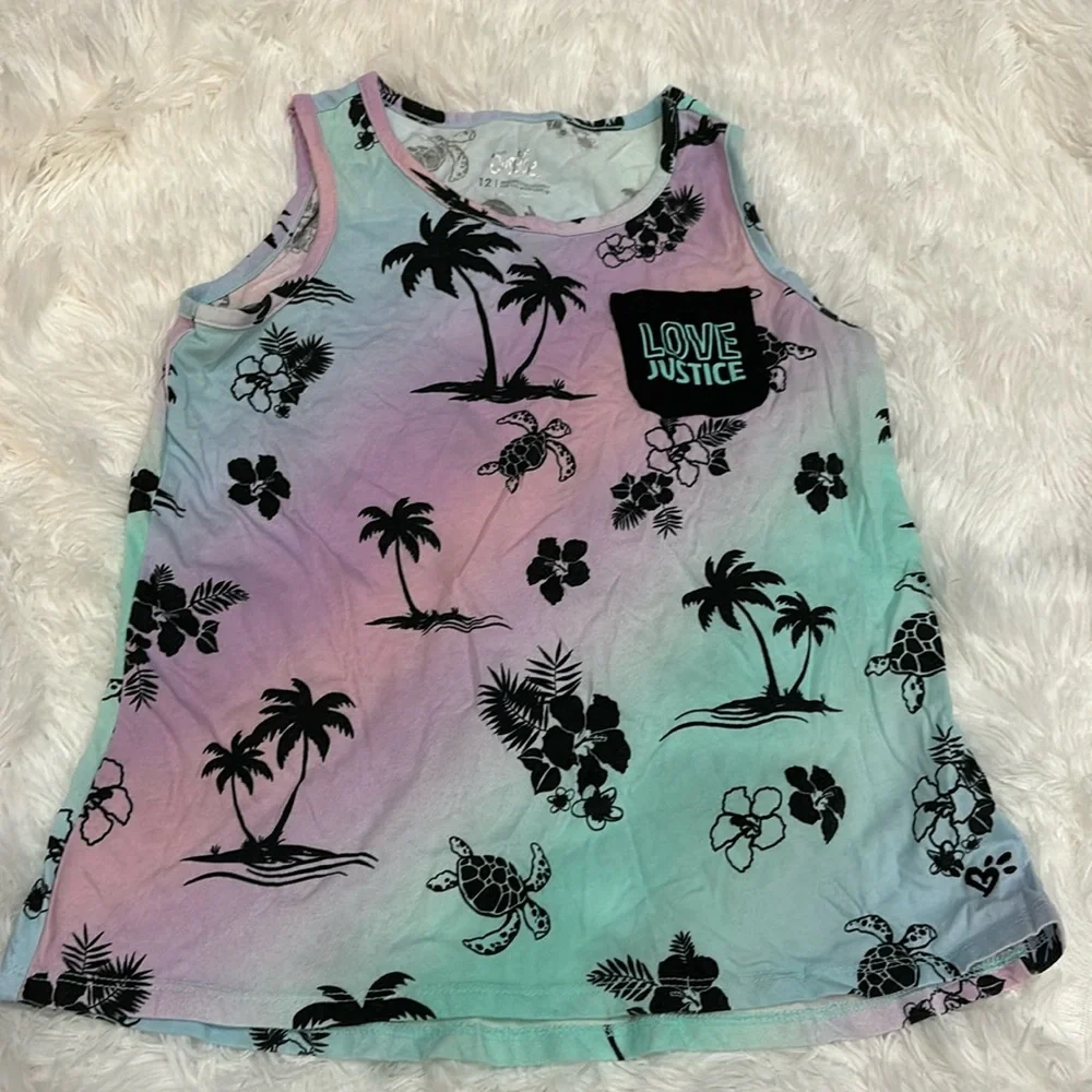 JUSTICE Tropical Tank Top | Girls Size 12 | Palm Trees, Sea Turtles & Hibiscus